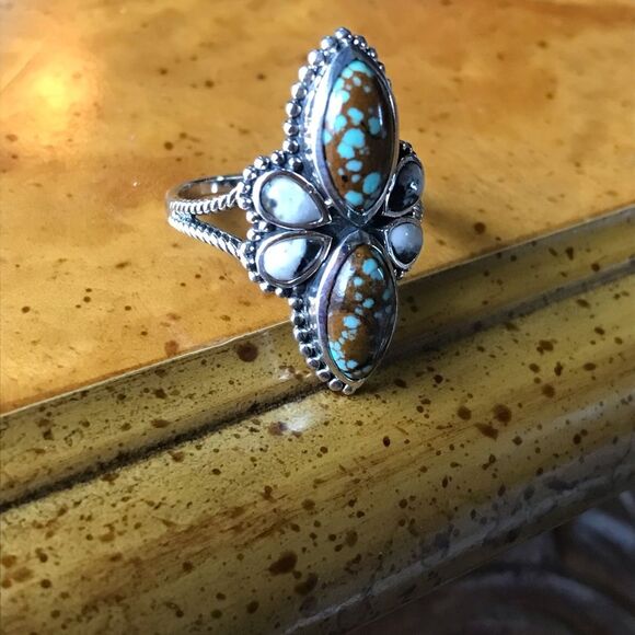 Natural White Buffalo Blue Turquoise Sterling Silver Ring Size 10 - Picture 7 of 8